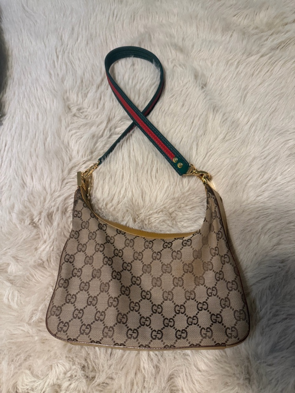 Gucci Beige GG Canvas Shoulder Bag with Green and Red Web Strap